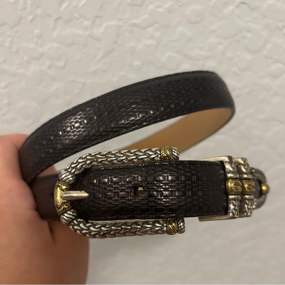 Brighton Black Leather Belt with Gold and Silver Accents, size small.